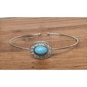 Dainty Silver Tone Rhinestone Turquoise Howlite Oval Cuff‎ Bangle Bracelet READ